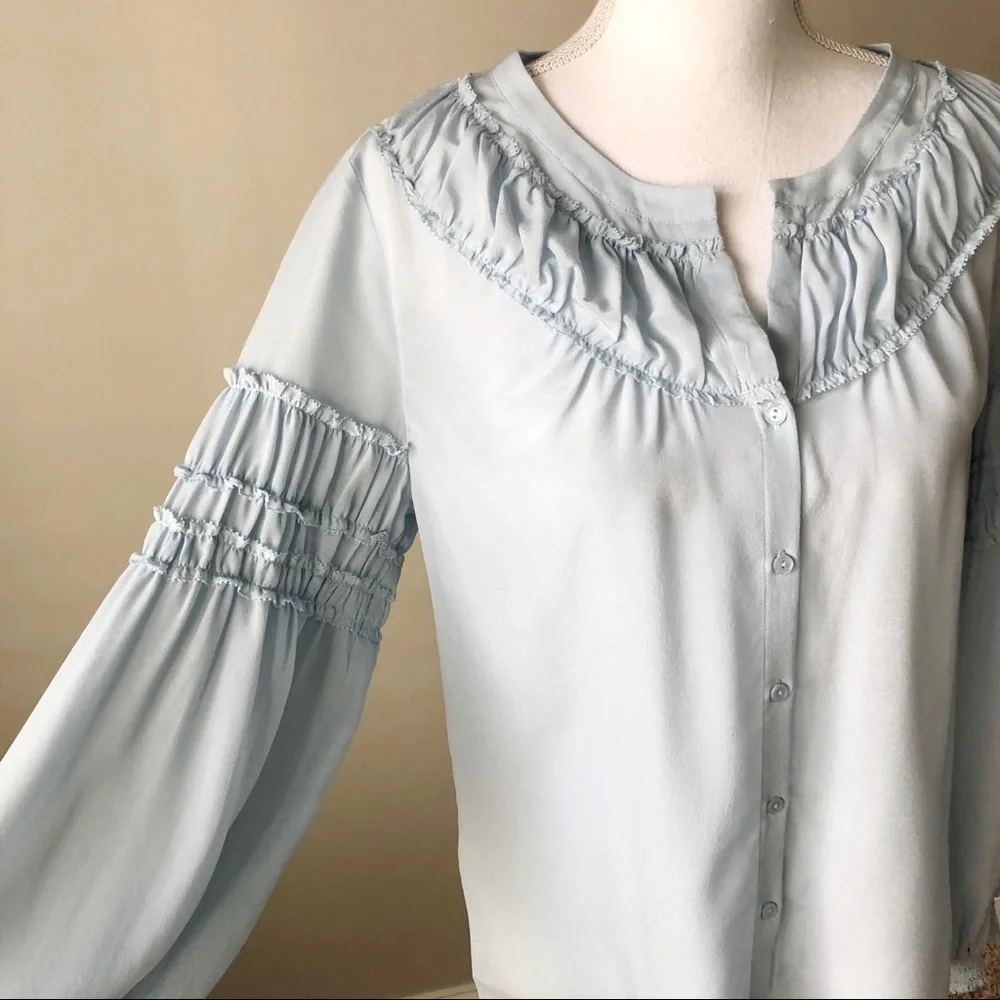 ECRU | The Bacall Silk Baby Blue Button Down Blouse  Sz S - Picture 6 of 9